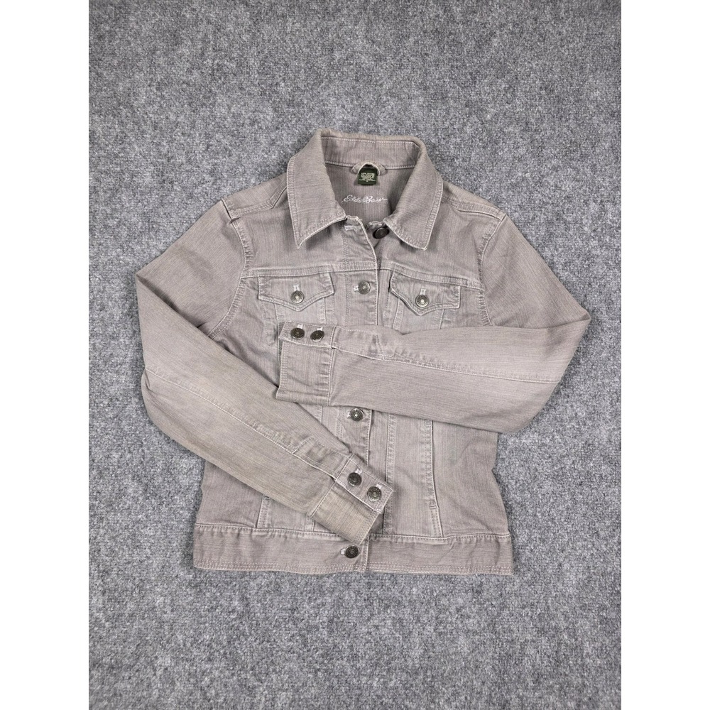 Eddie Bauer Denim Trucker Jacket Womens Small Grey Stretch‎ Cotton Button Up